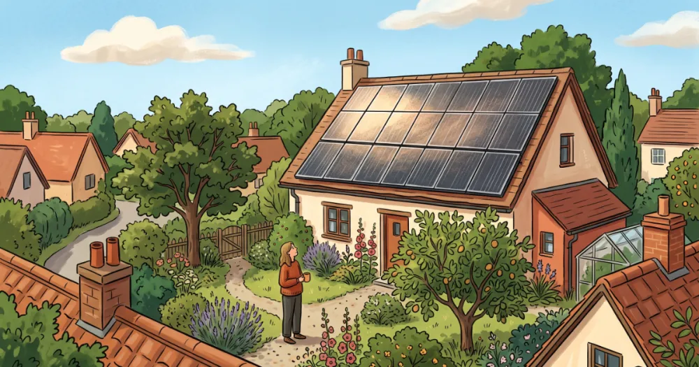 Illustration of a cottage rooftop covered in solar panels, with a person in the garden below looking up while holding a mug