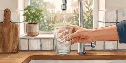 Illustration of a hand filling a glass of water from a kitchen tap beside a sunlit window