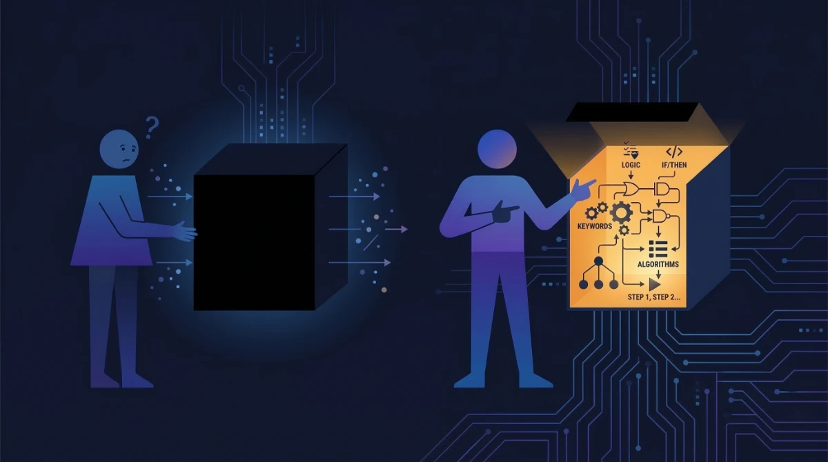 Illustration contrasting using a closed AI black box with understanding its open inner logic